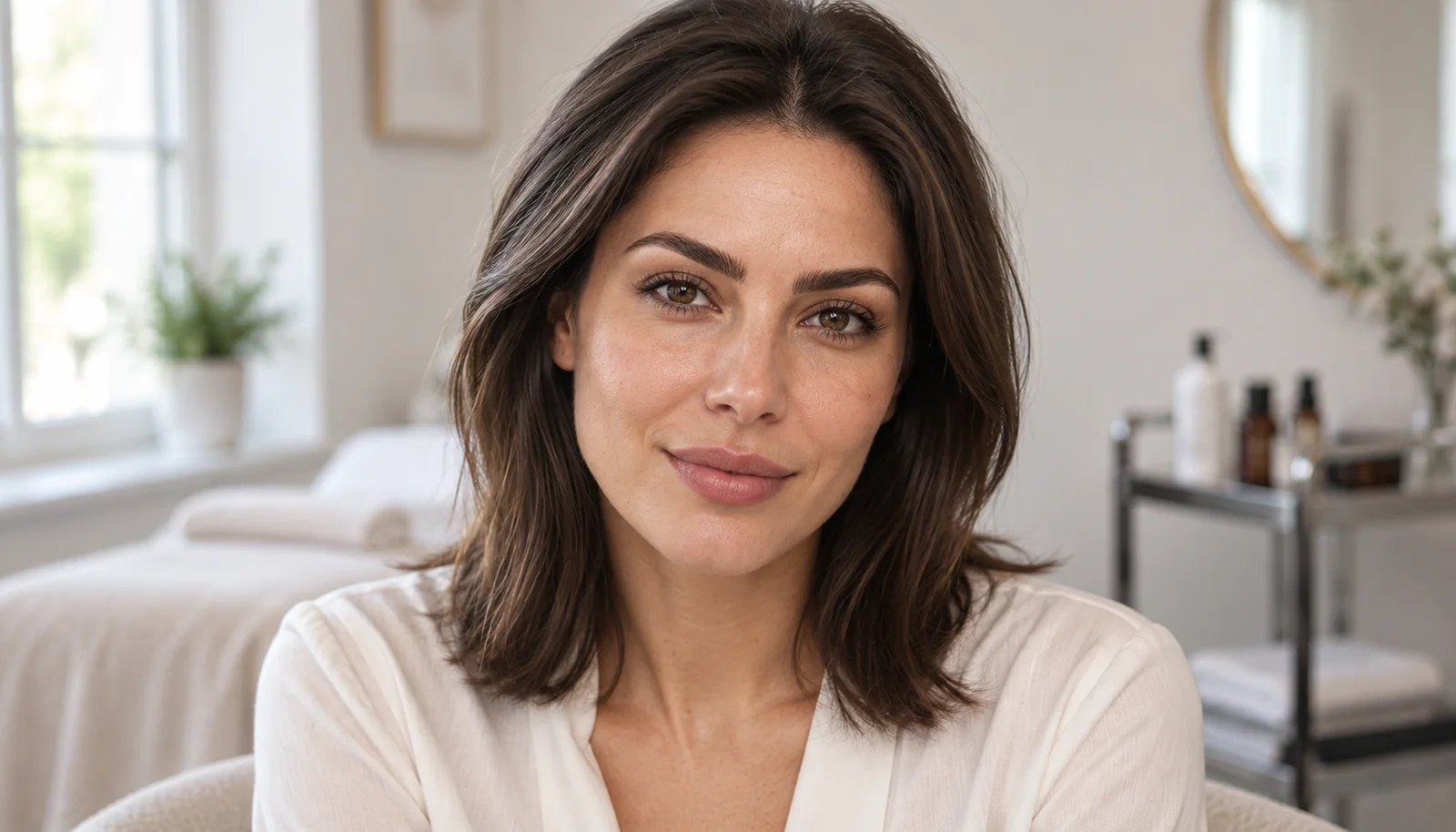 Woman with naturally groomed brows in a simple salon setting