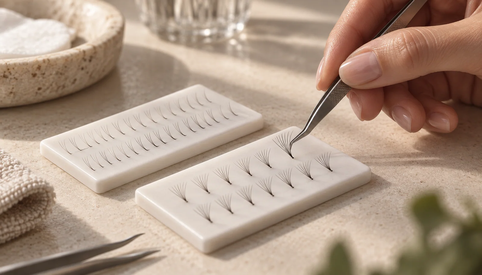 Classic lash fibres and small volume fans on a work surface