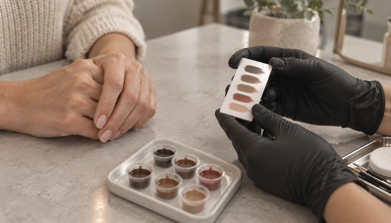 Practitioner showing cosmetic pigment shades to a client