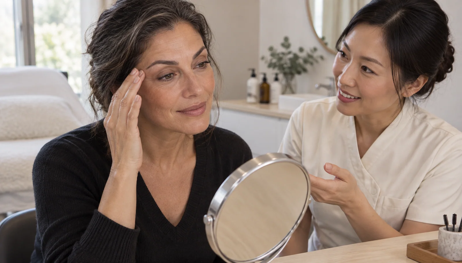 Client and practitioner discussing cosmetic tattooing