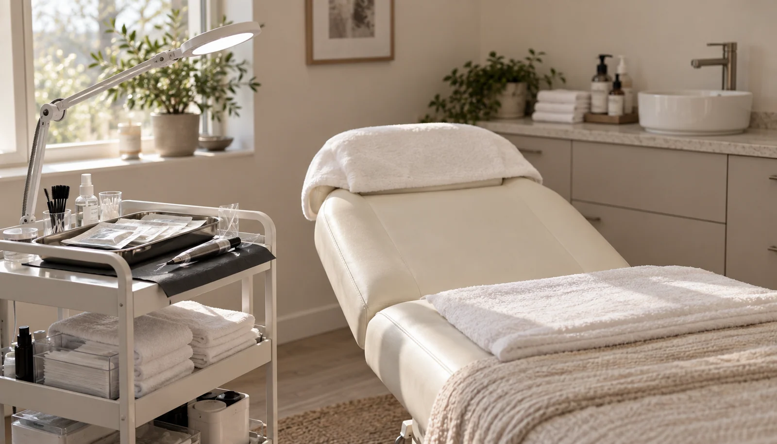 Clean cosmetic tattoo station ready for a consultation