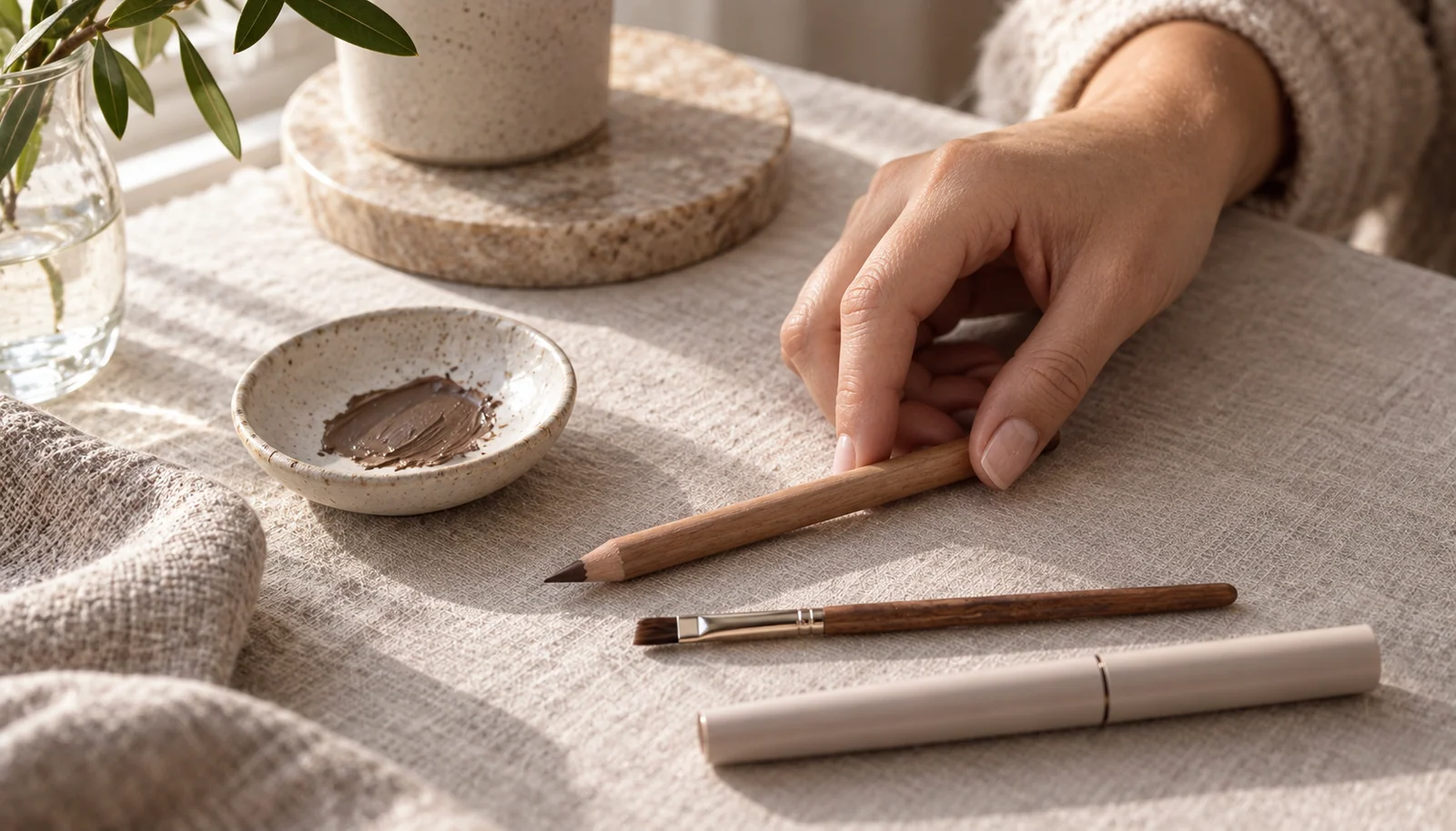 Traditional makeup tools on a neutral surface