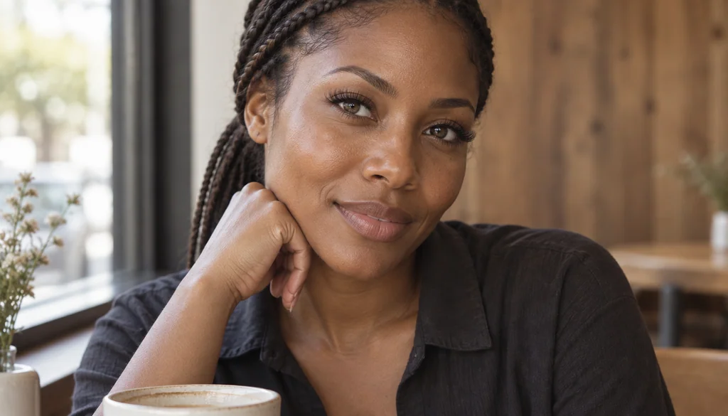 Woman with wispy lash extensions at a cafe window