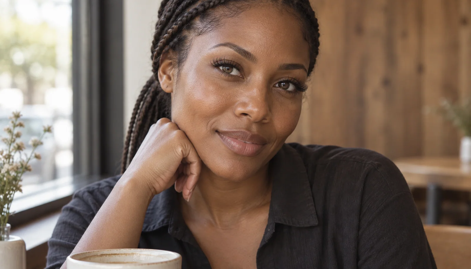 Woman with wispy lash extensions at a cafe window