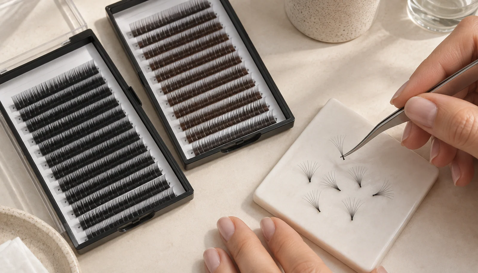 Fine individual lash fibres and professional tweezers
