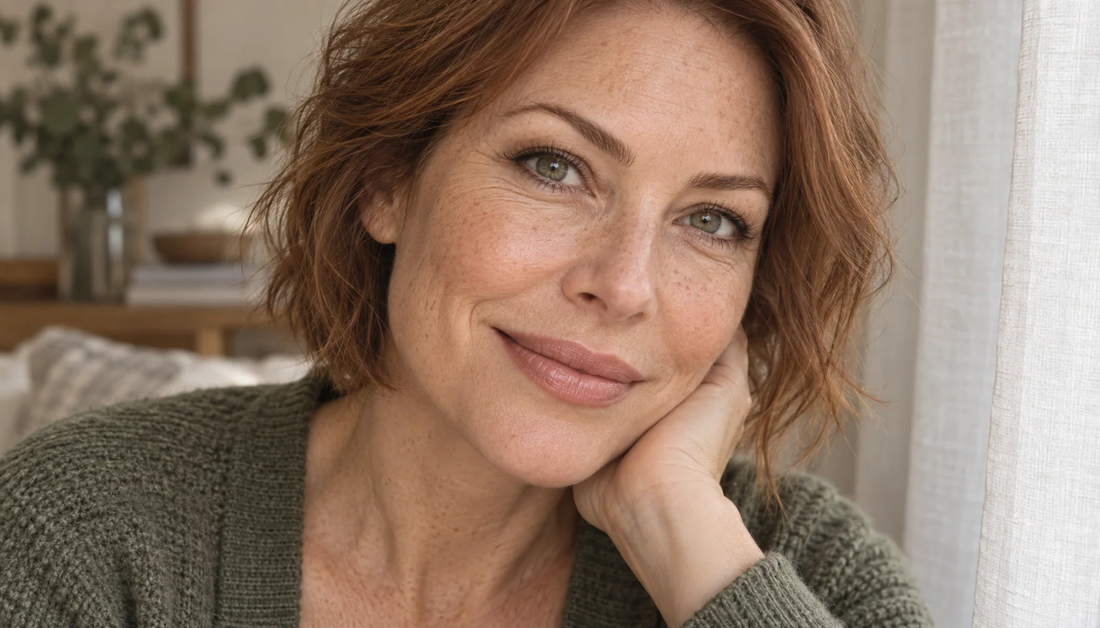 Woman with understated eyeliner in relaxed window light