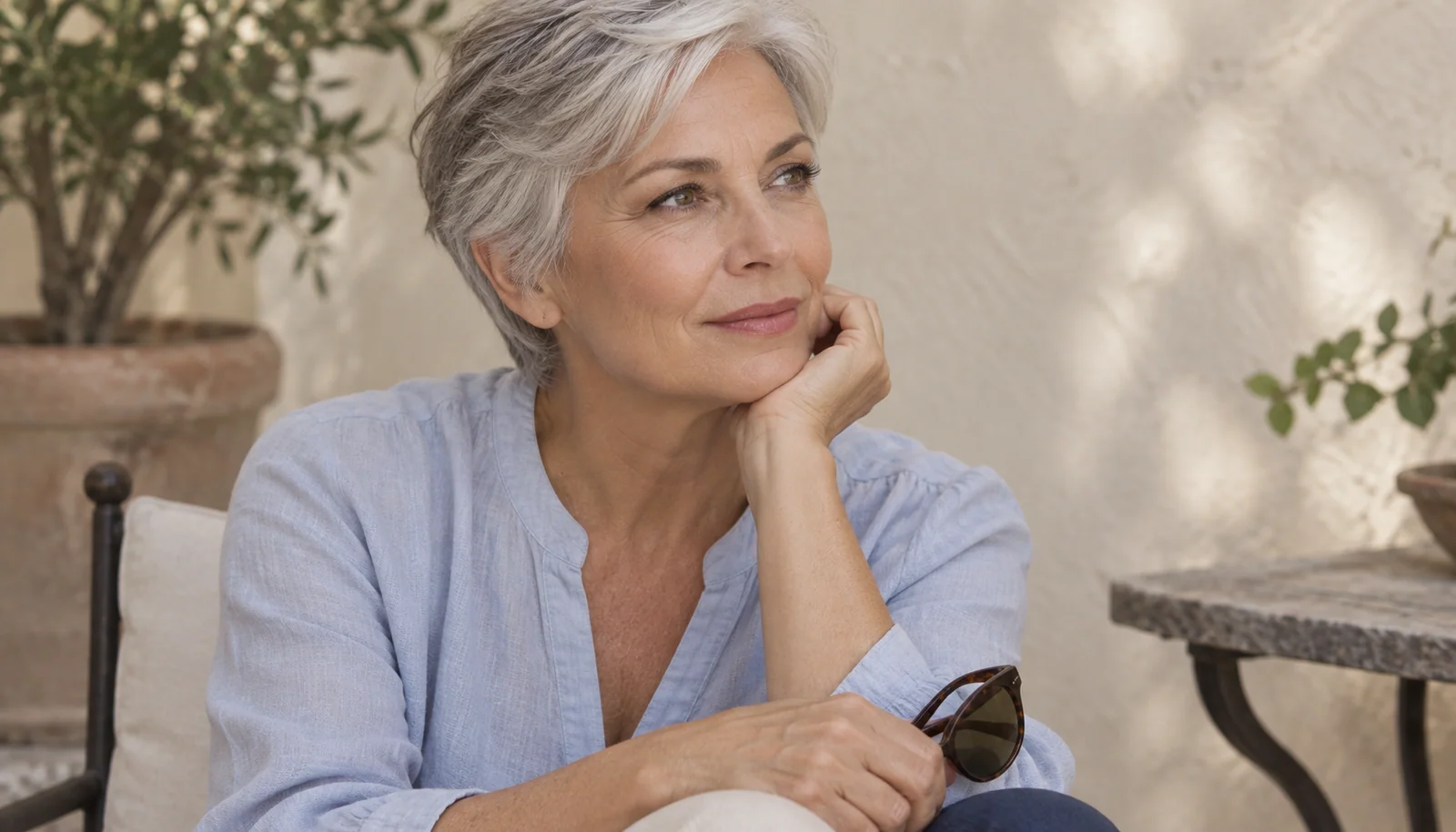 Woman with delicate eye definition sitting outdoors in shade
