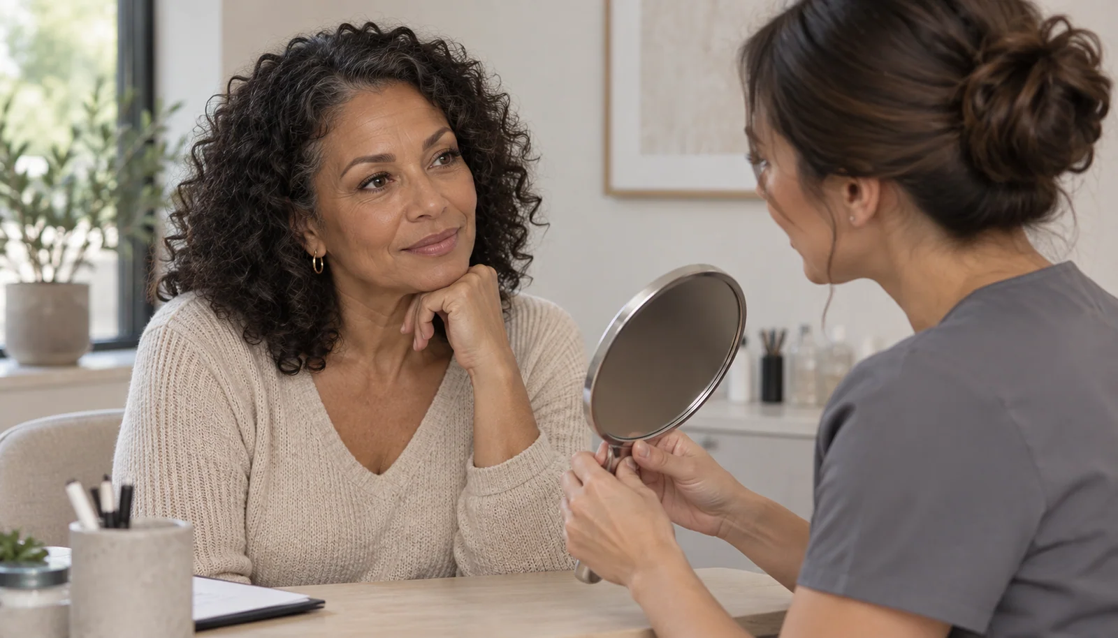 Client speaking with a cosmetic tattoo practitioner