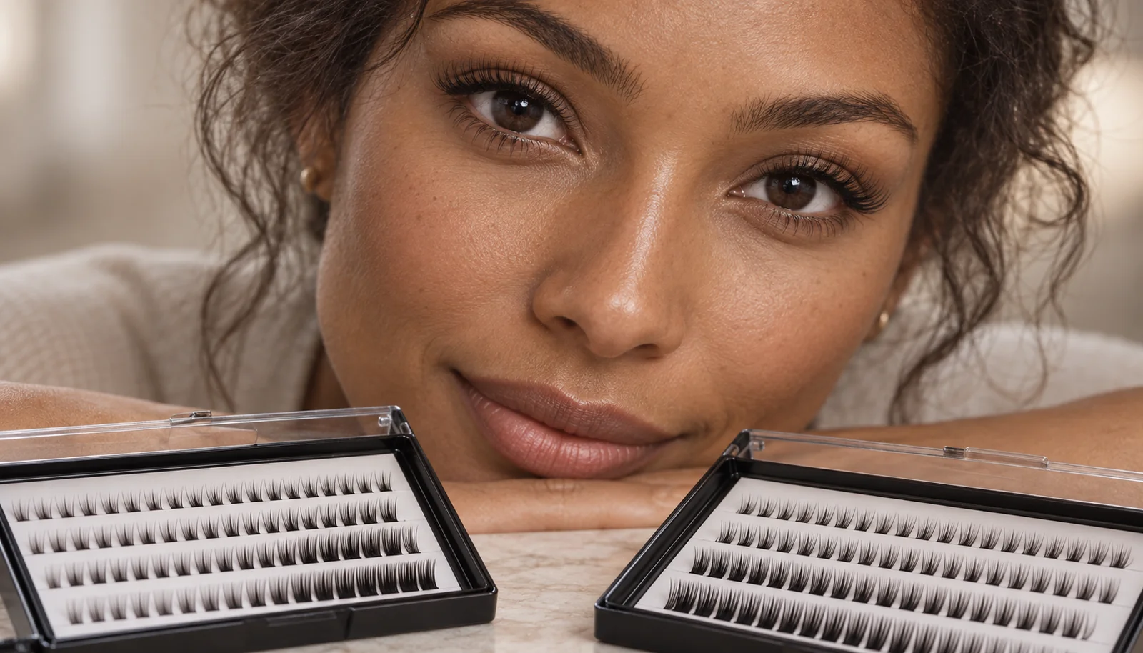 Individual lash-extension fibres arranged in professional trays