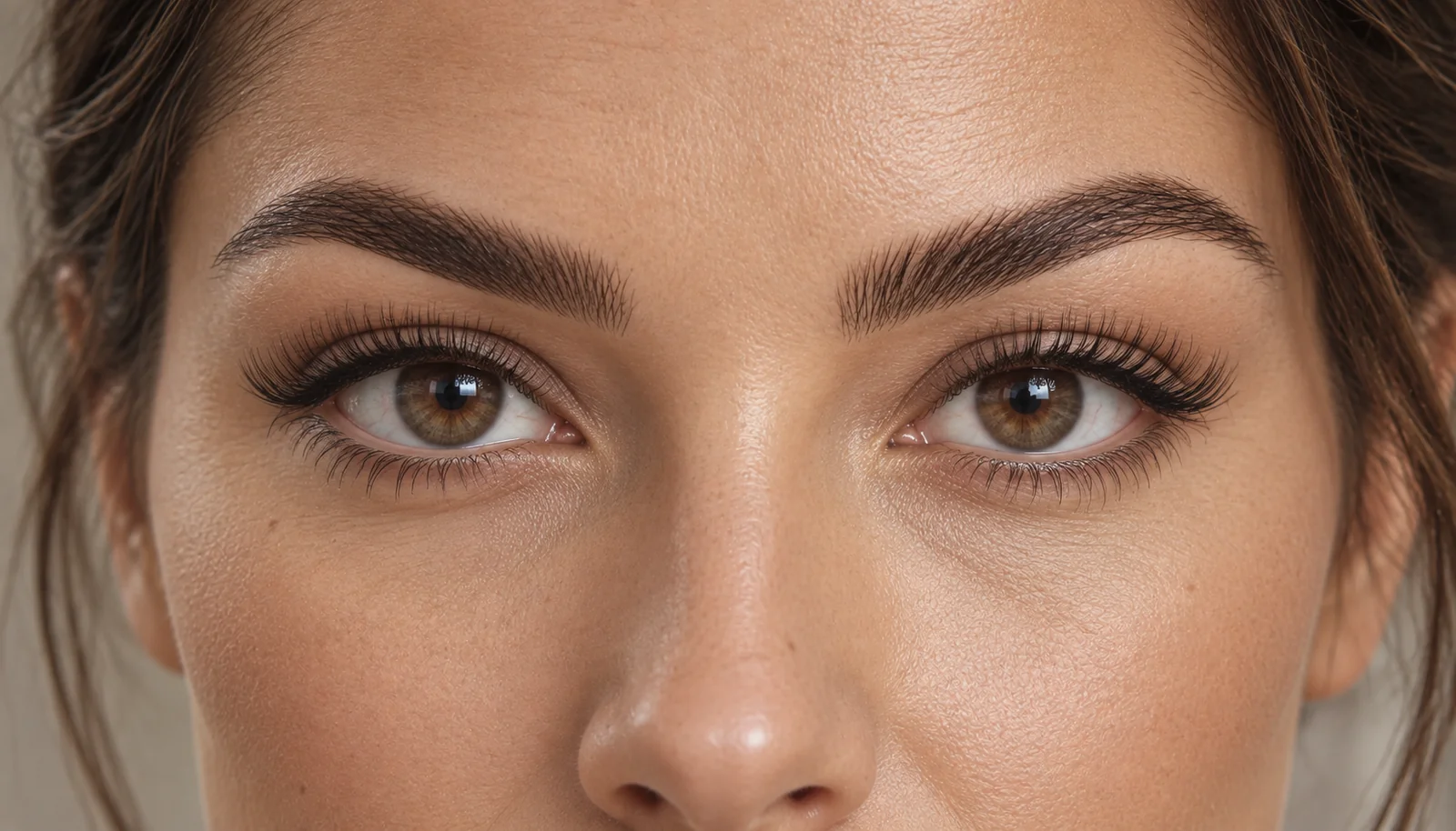 Close-up of softly lifted brows and fine lash extensions