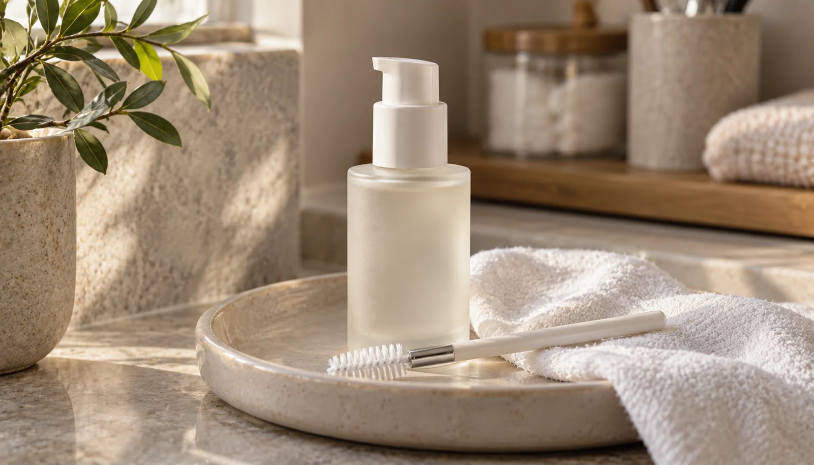 Unlabelled cleansing bottle and soft lash brush