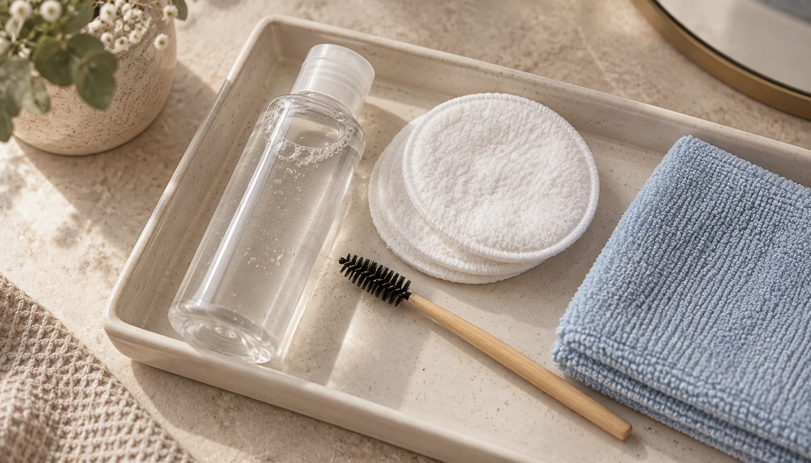 Gentle eye-care supplies beside a washcloth