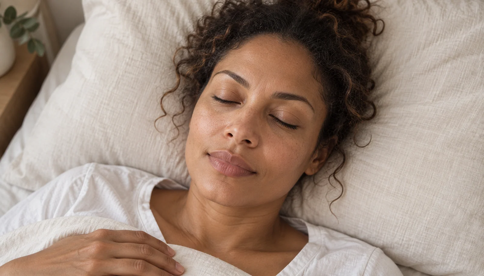 Woman sleeping on her back on a linen pillow