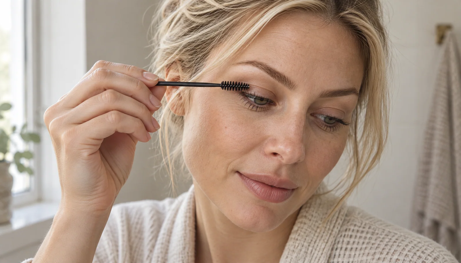Woman gently brushing the tips of her lash extensions