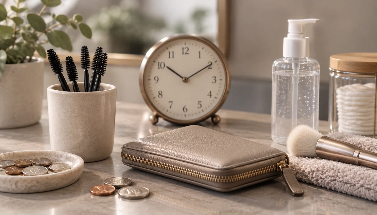 Lash-care essentials, wallet and clock on a salon counter