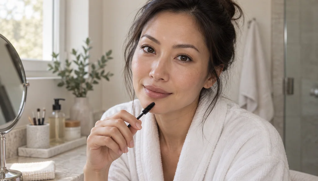 Woman checking her lash extensions at a bright vanity