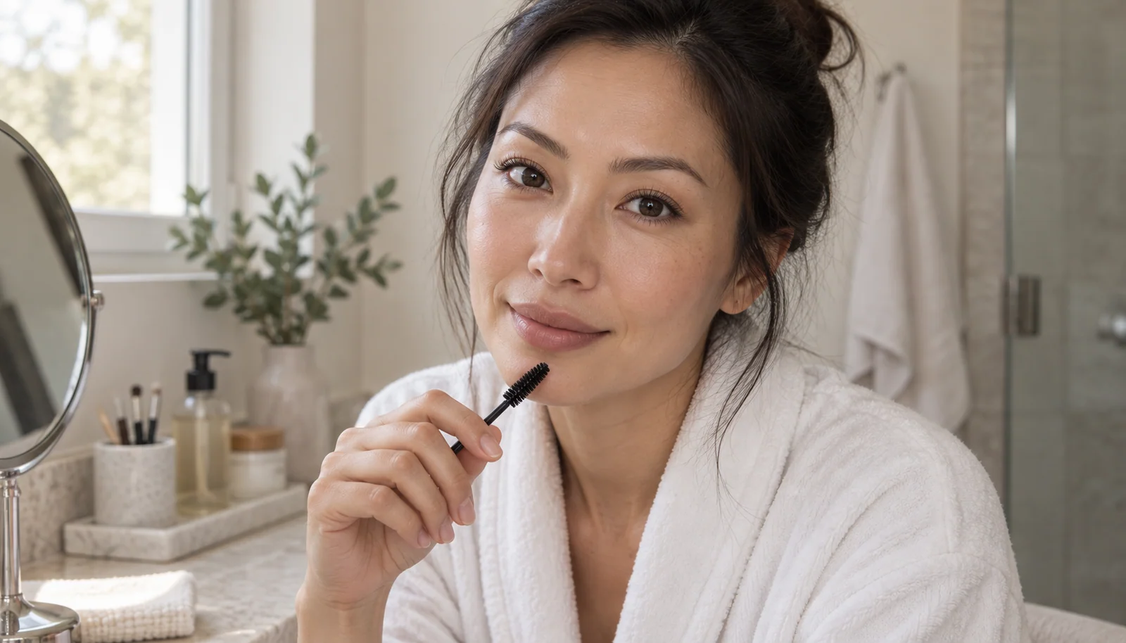 Woman checking her lash extensions at a bright vanity
