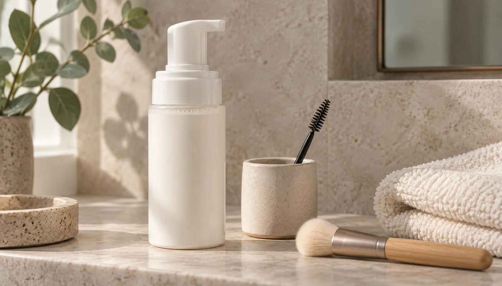 Clean lash-care brush and cleanser on a bathroom shelf