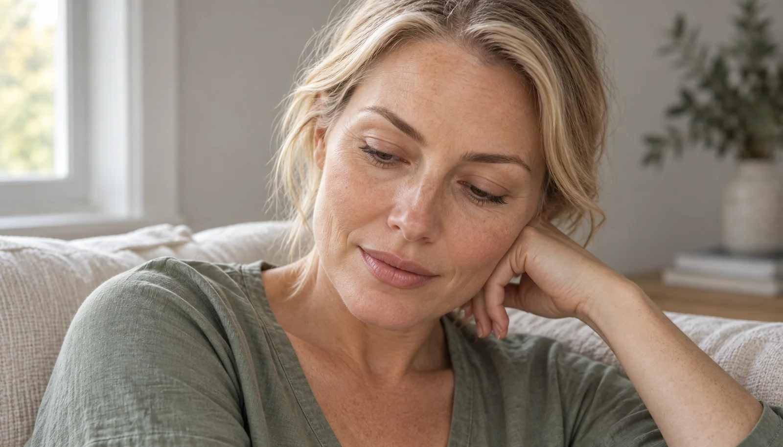 Woman with natural lashes relaxing by a window