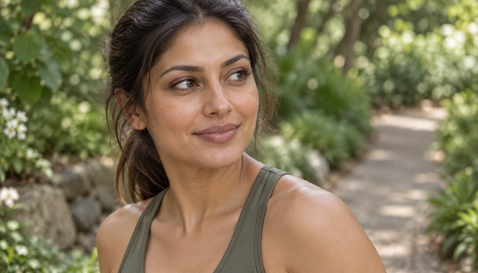 Woman with natural lash definition on a shaded walk