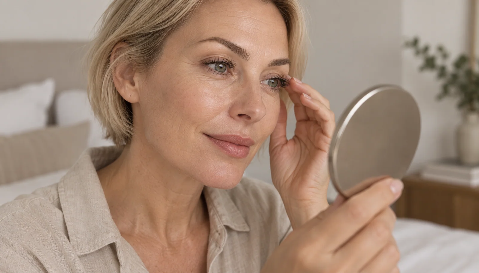 Woman looking at her lashes in a handheld mirror