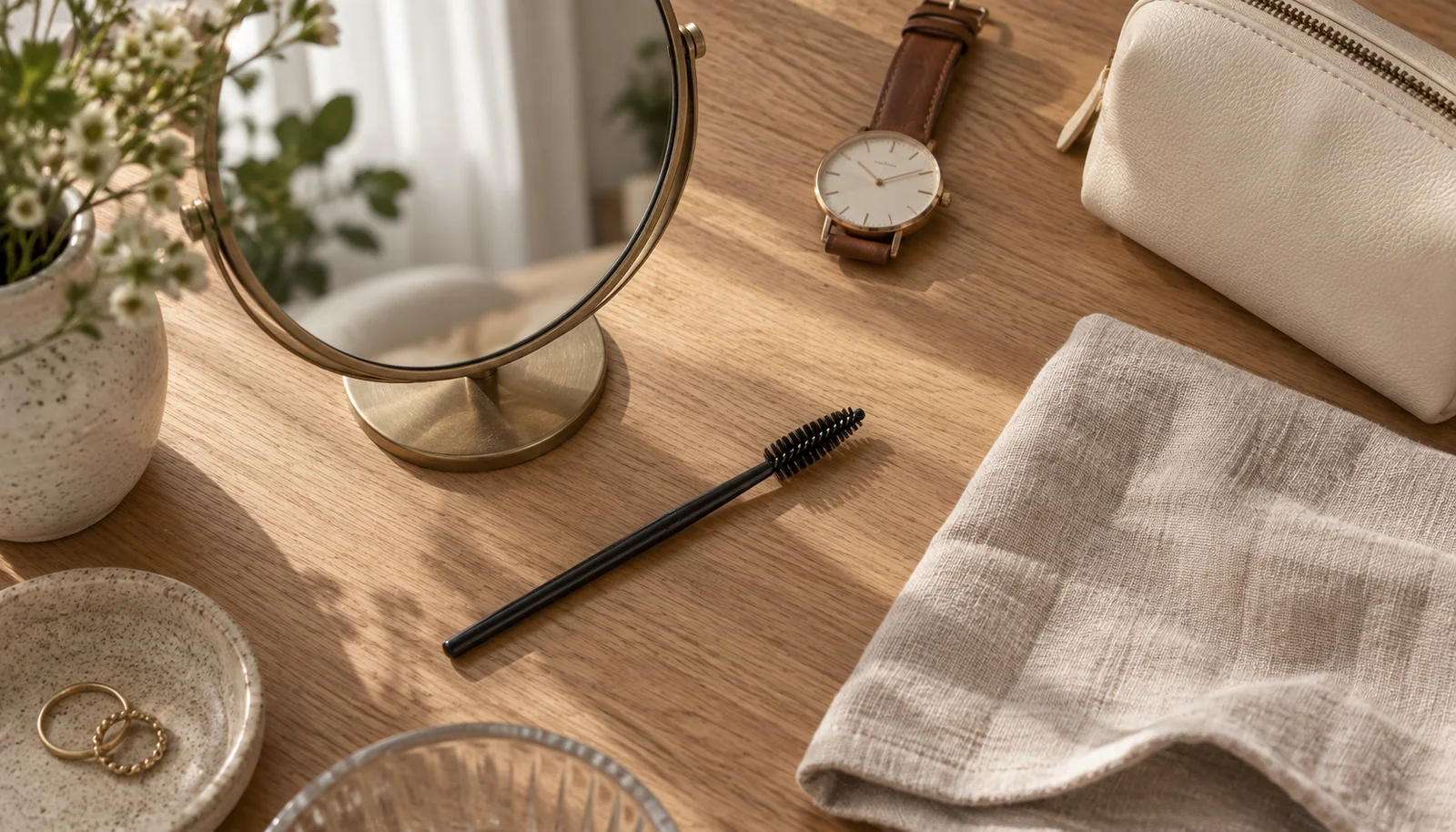 Simple morning beauty essentials on a dressing table