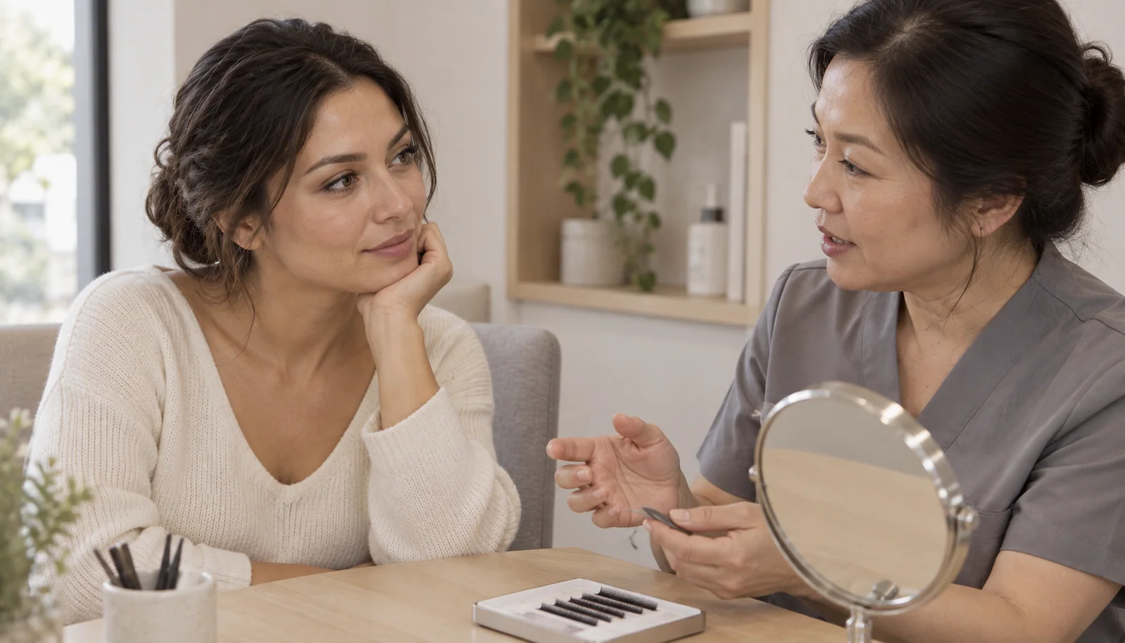 Beauty professional explaining lash options to a client