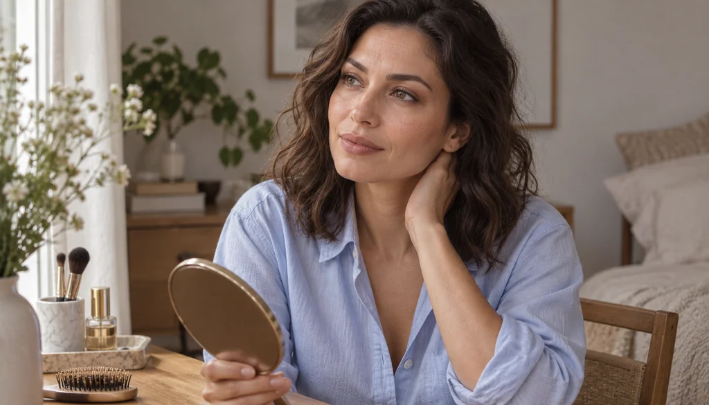 Woman considering her lash options in a mirror