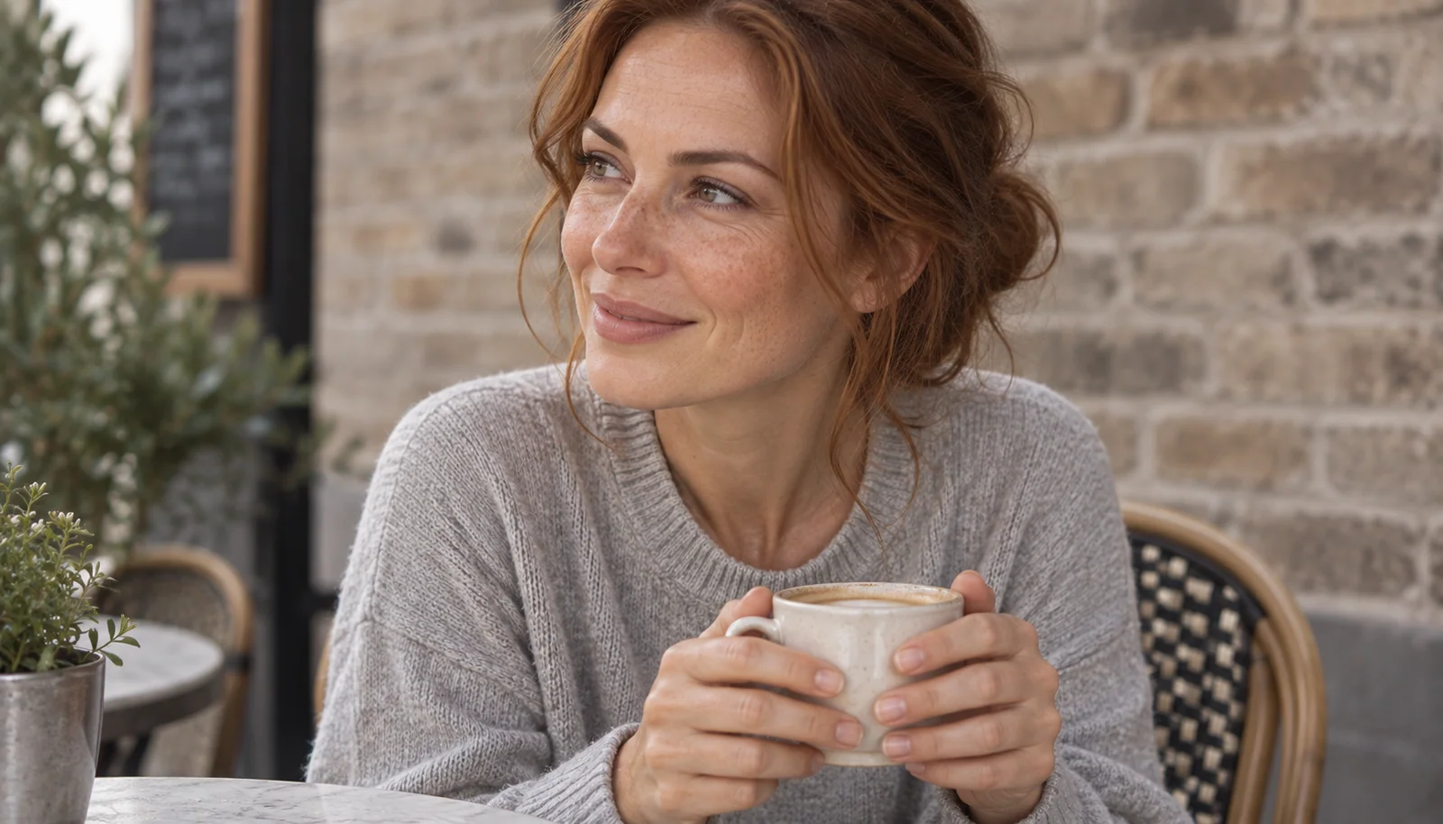 Woman with subtle lash definition outside a cafe