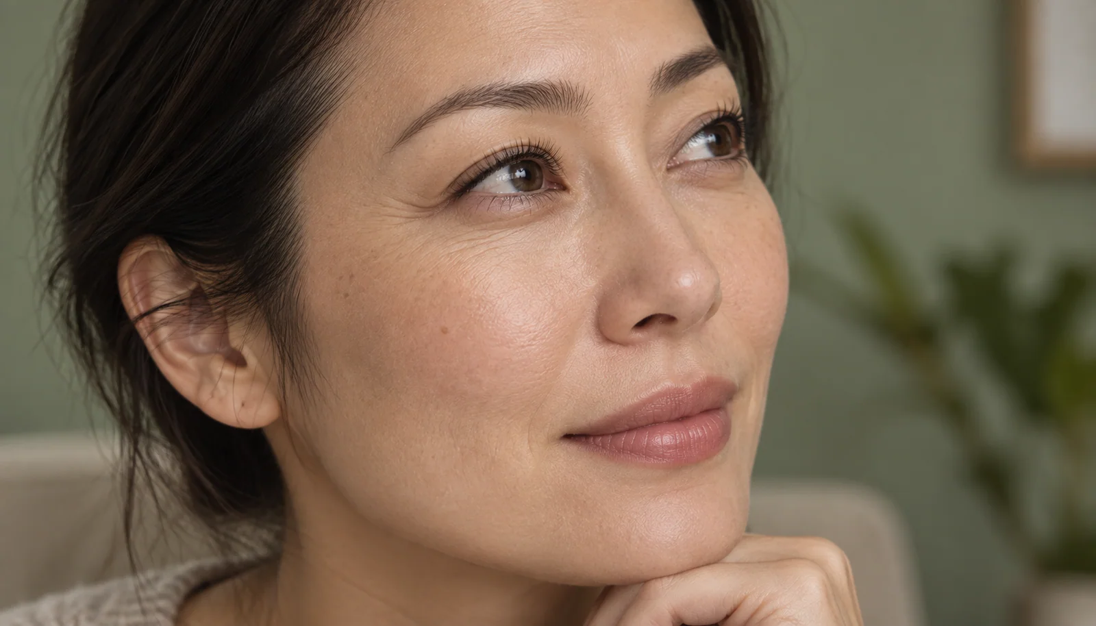 Side detail of naturally curled eyelashes