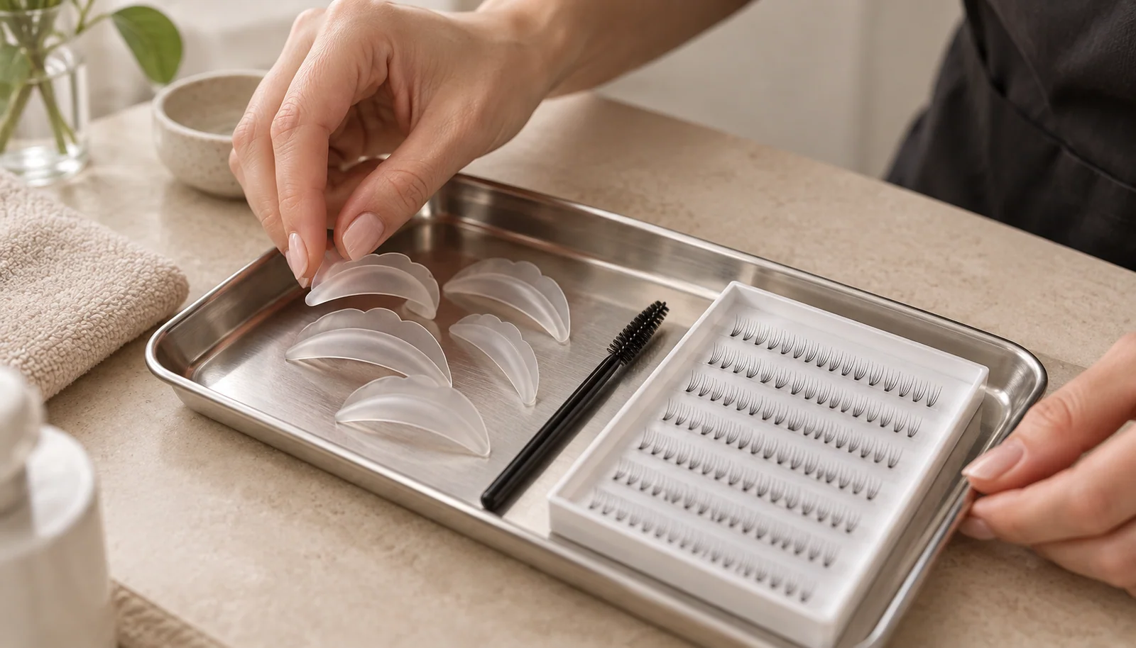 Lash-lift shields and extension fibres on a work tray