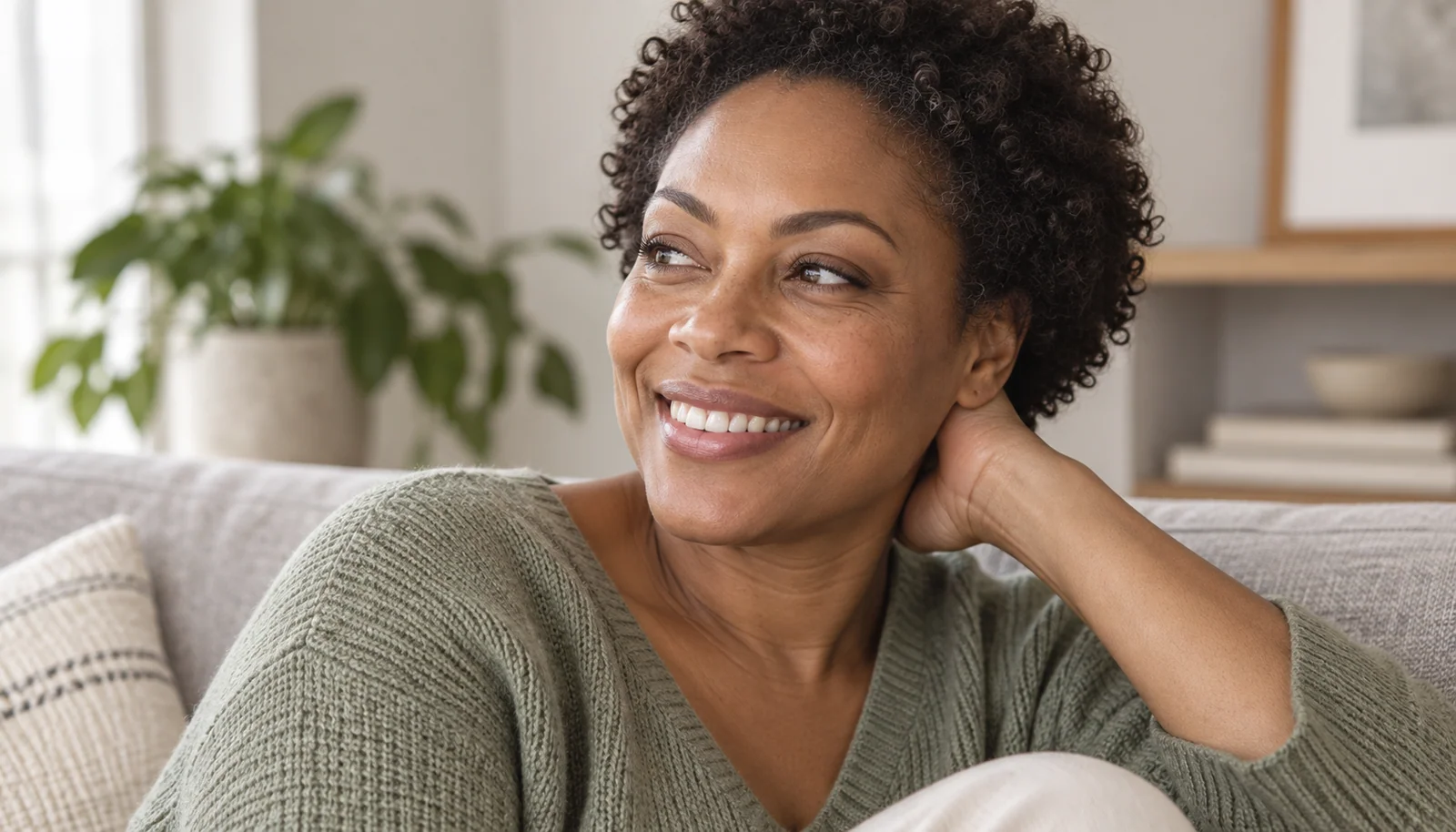 Woman with natural lashes laughing in soft daylight