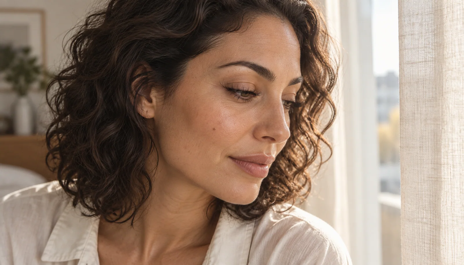 Woman with naturally lifted lashes beside a window
