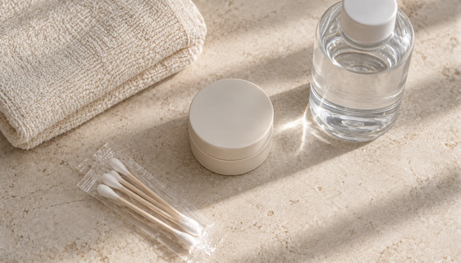 Simple lip aftercare supplies on a linen towel