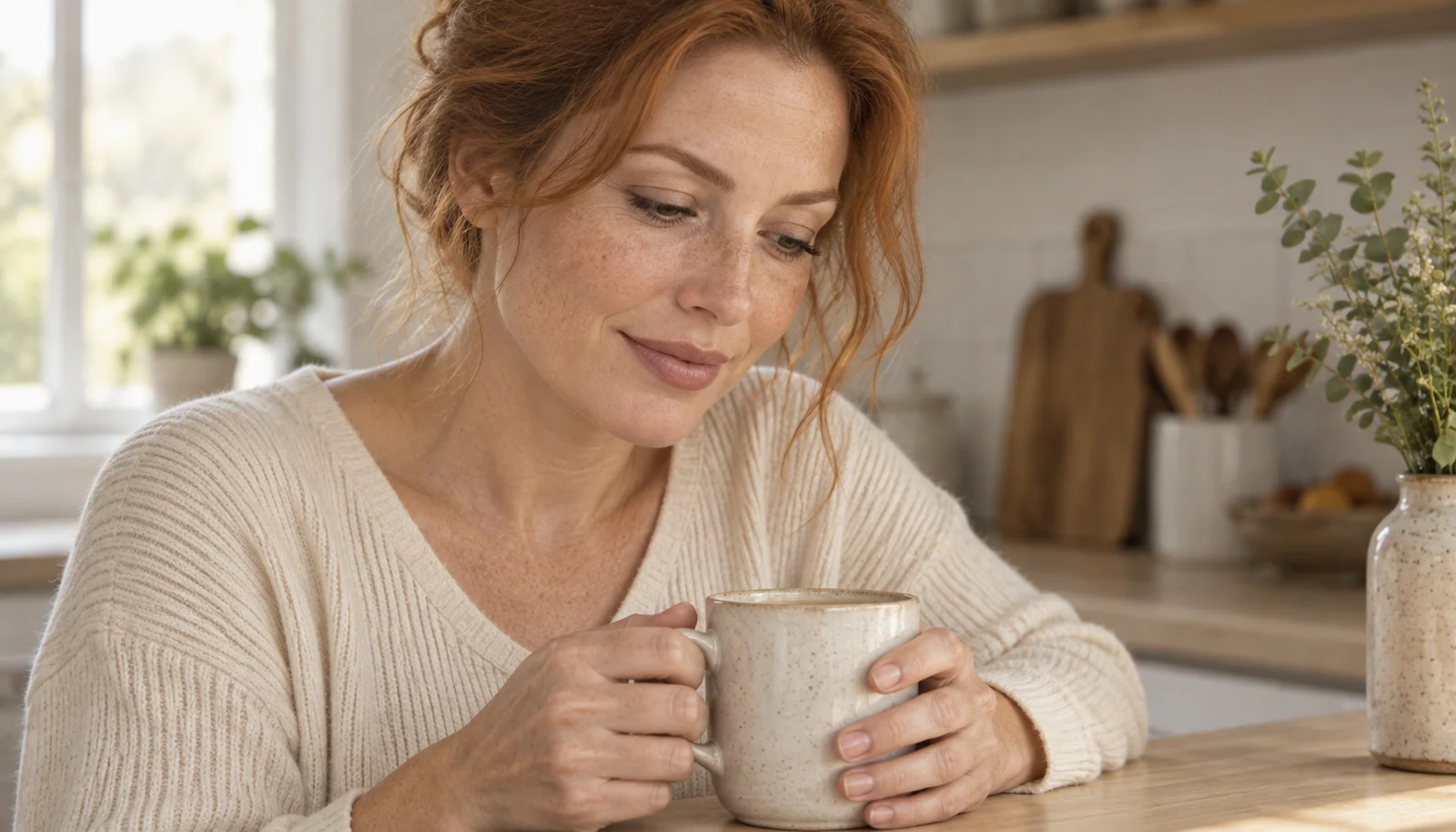 Woman with subtle lip colour enjoying a quiet moment