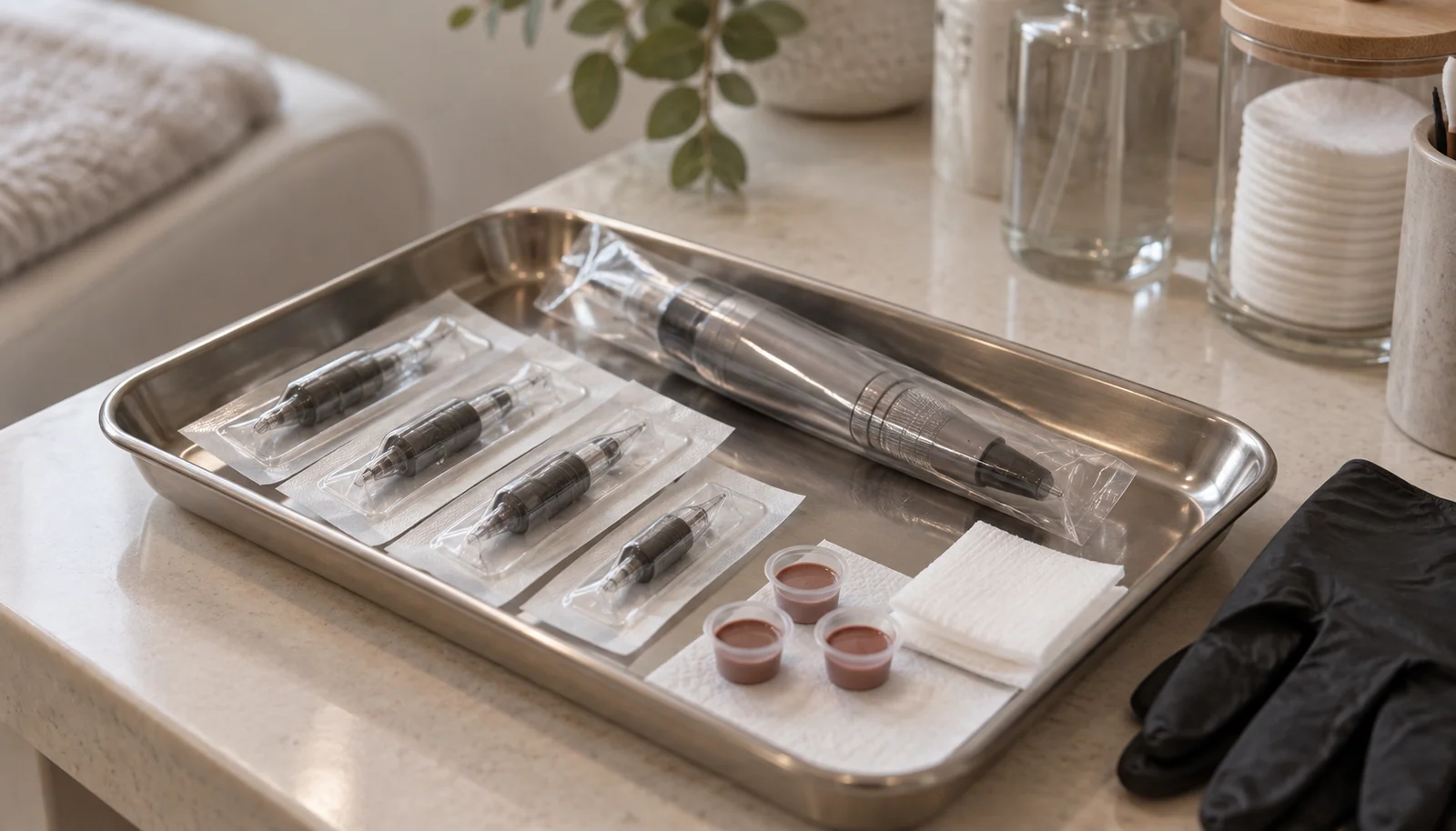 Clean cosmetic tattoo equipment prepared on a tray