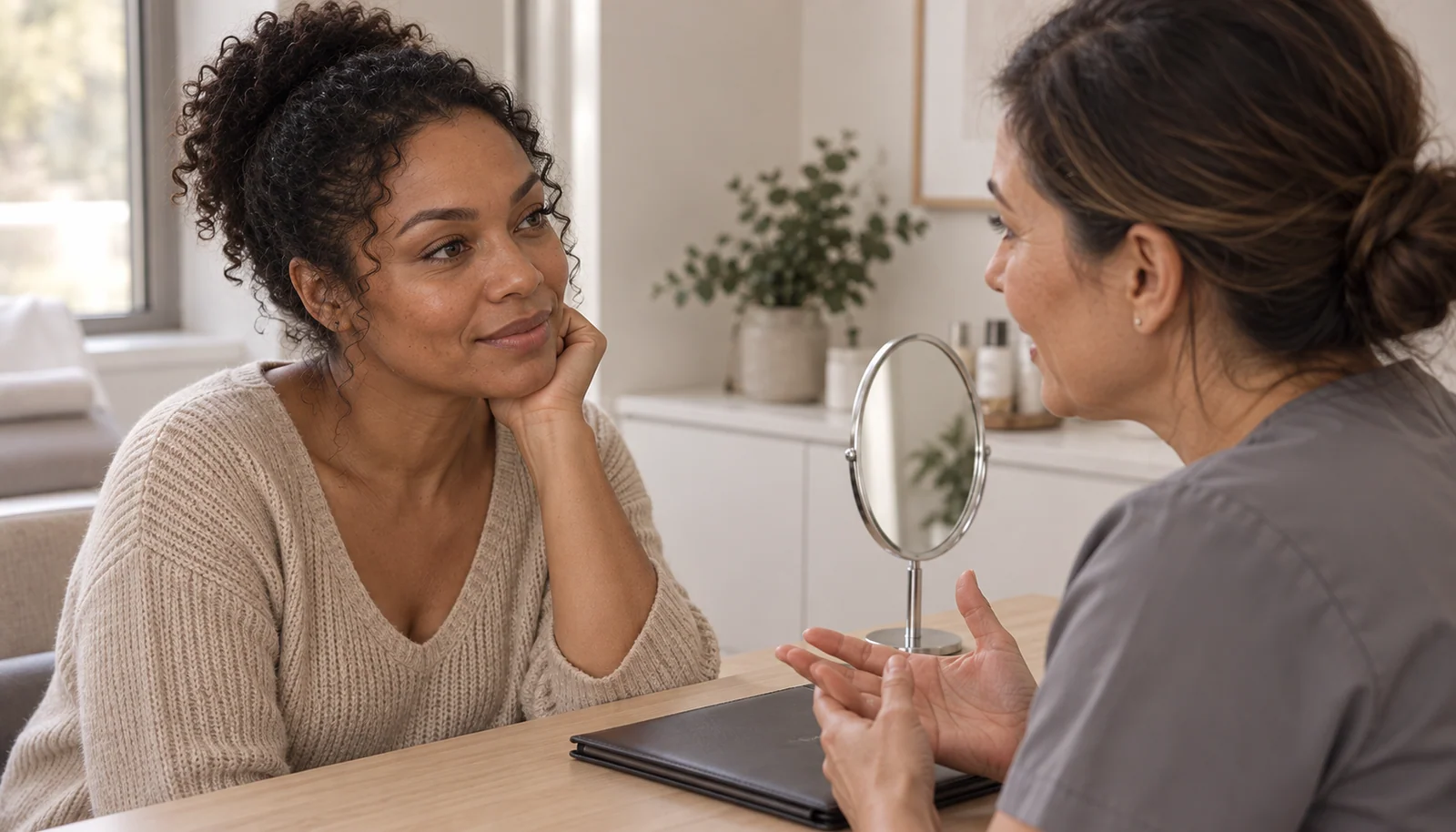 Client discussing lip colour with a practitioner
