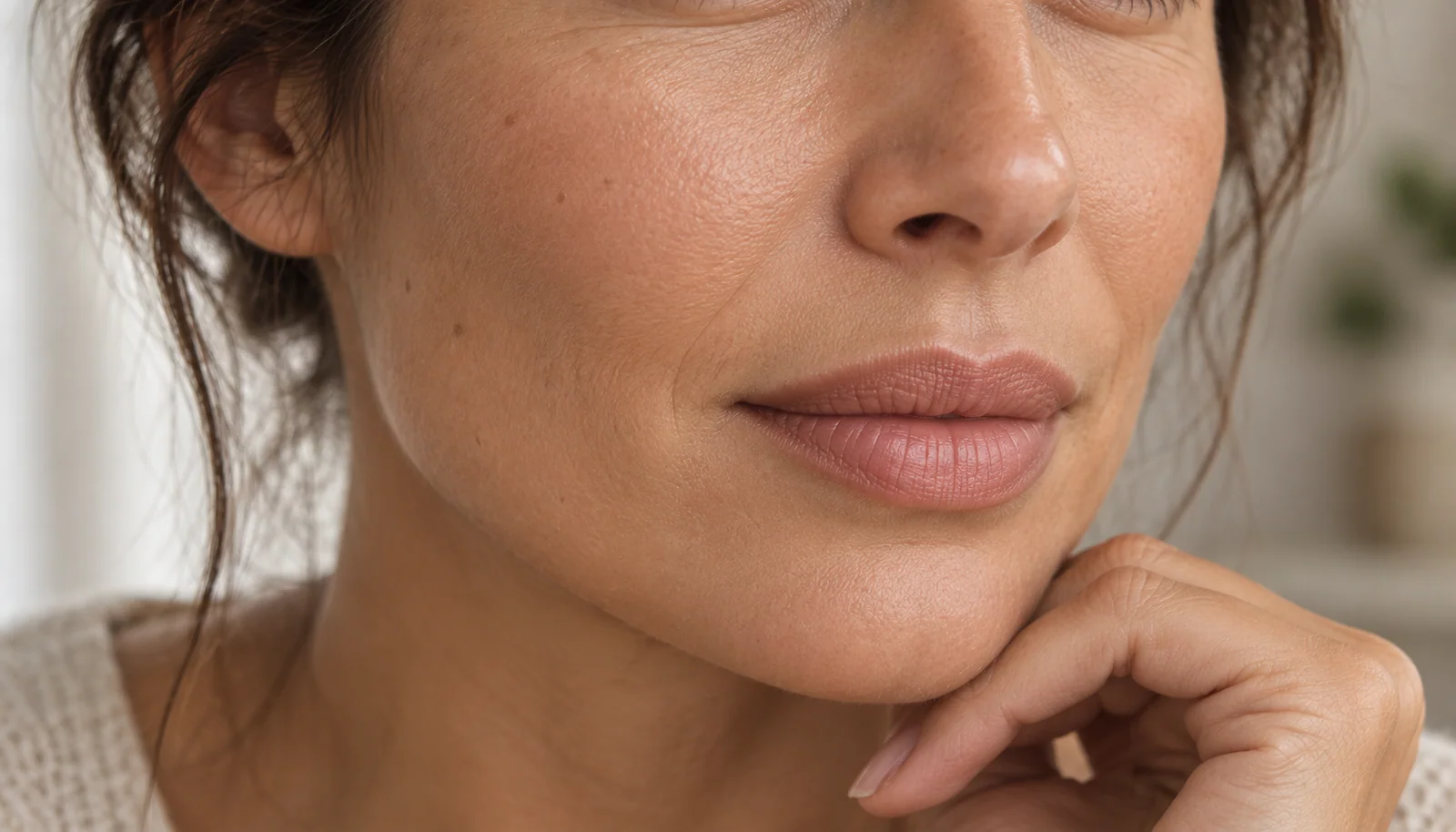 Close-up of naturally textured rose-tinted lips