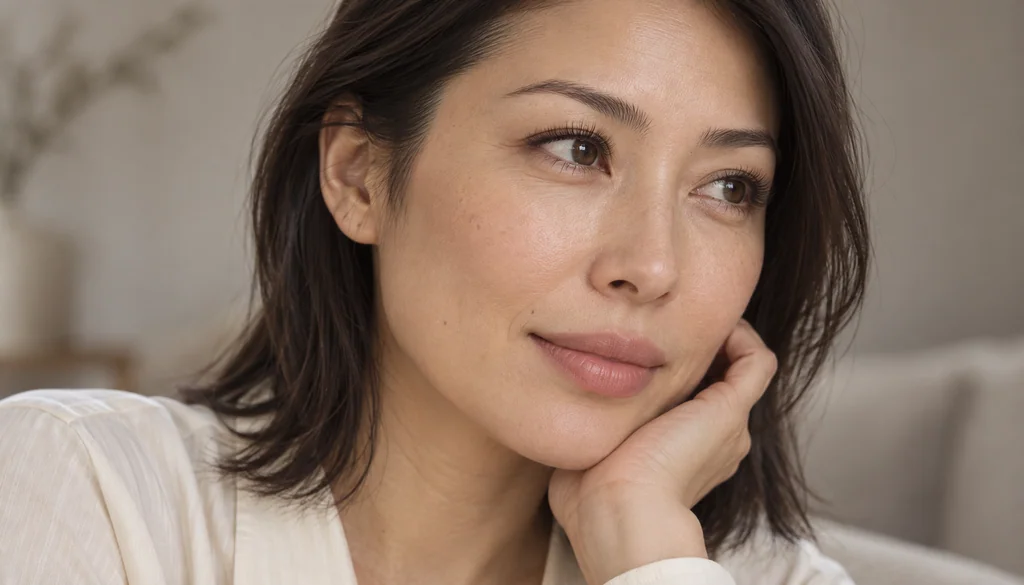 Portrait with subtle rose lip colour in window light