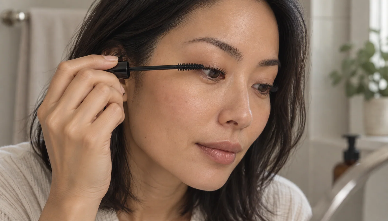 Woman applying mascara to her natural upper lashes