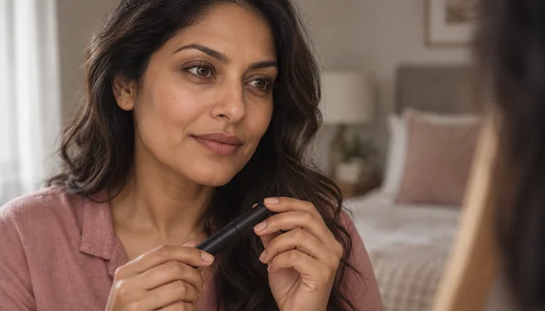 Woman holding mascara beside a simple dressing table