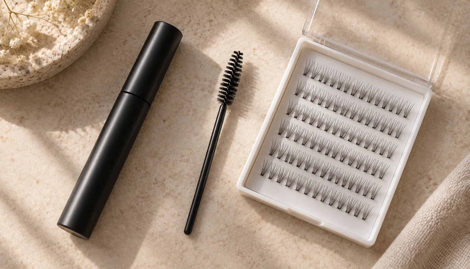 Mascara and individual lash-extension fibres on a counter