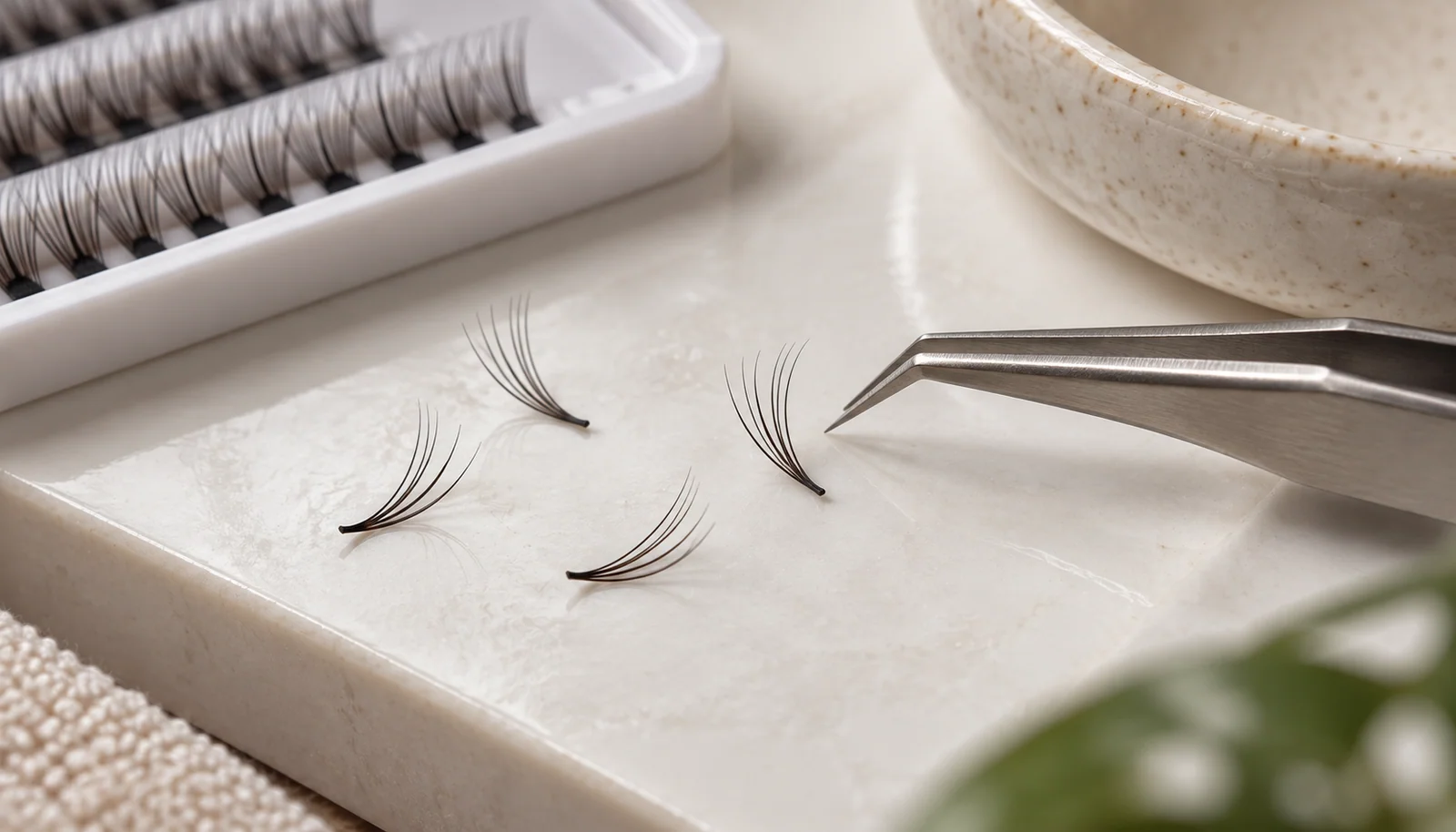 Fine volume lash fans viewed on a white tile