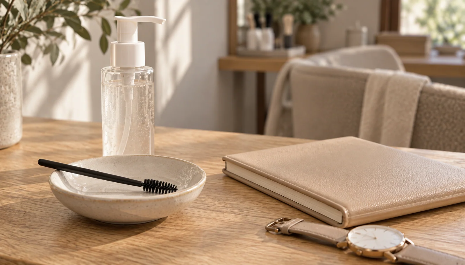 Lash-care essentials beside an appointment diary