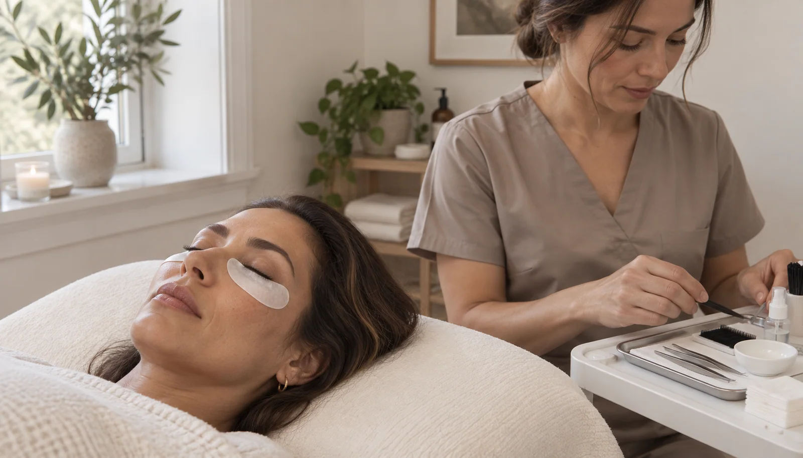 Lash professional preparing a client for an appointment