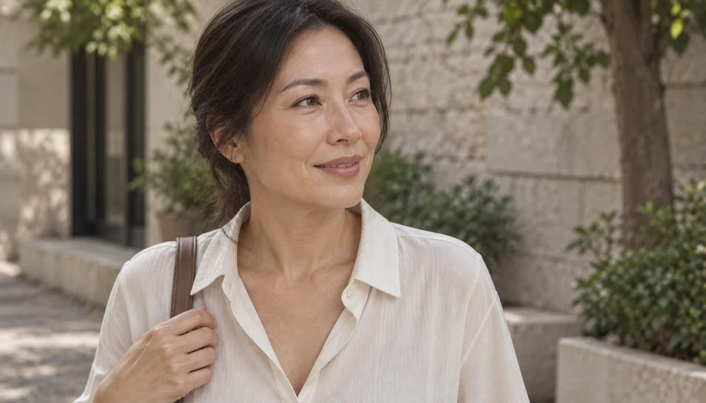 Woman with subtle brow and lip definition outdoors