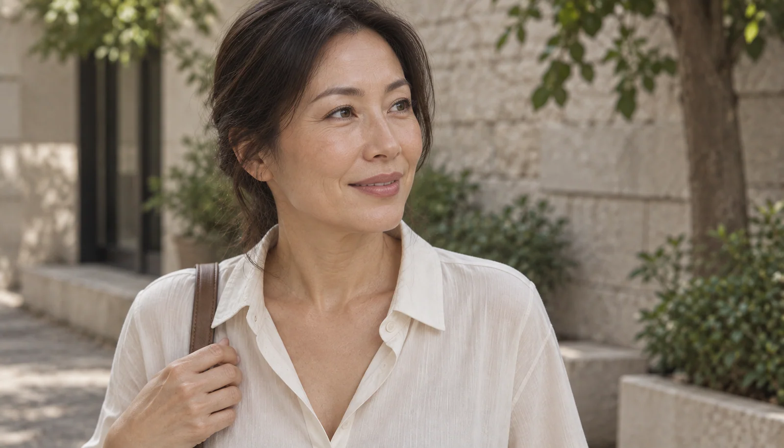 Woman with subtle brow and lip definition outdoors