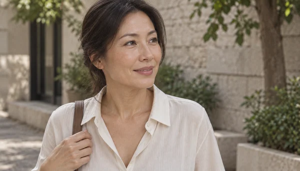 Woman with subtle brow and lip definition outdoors