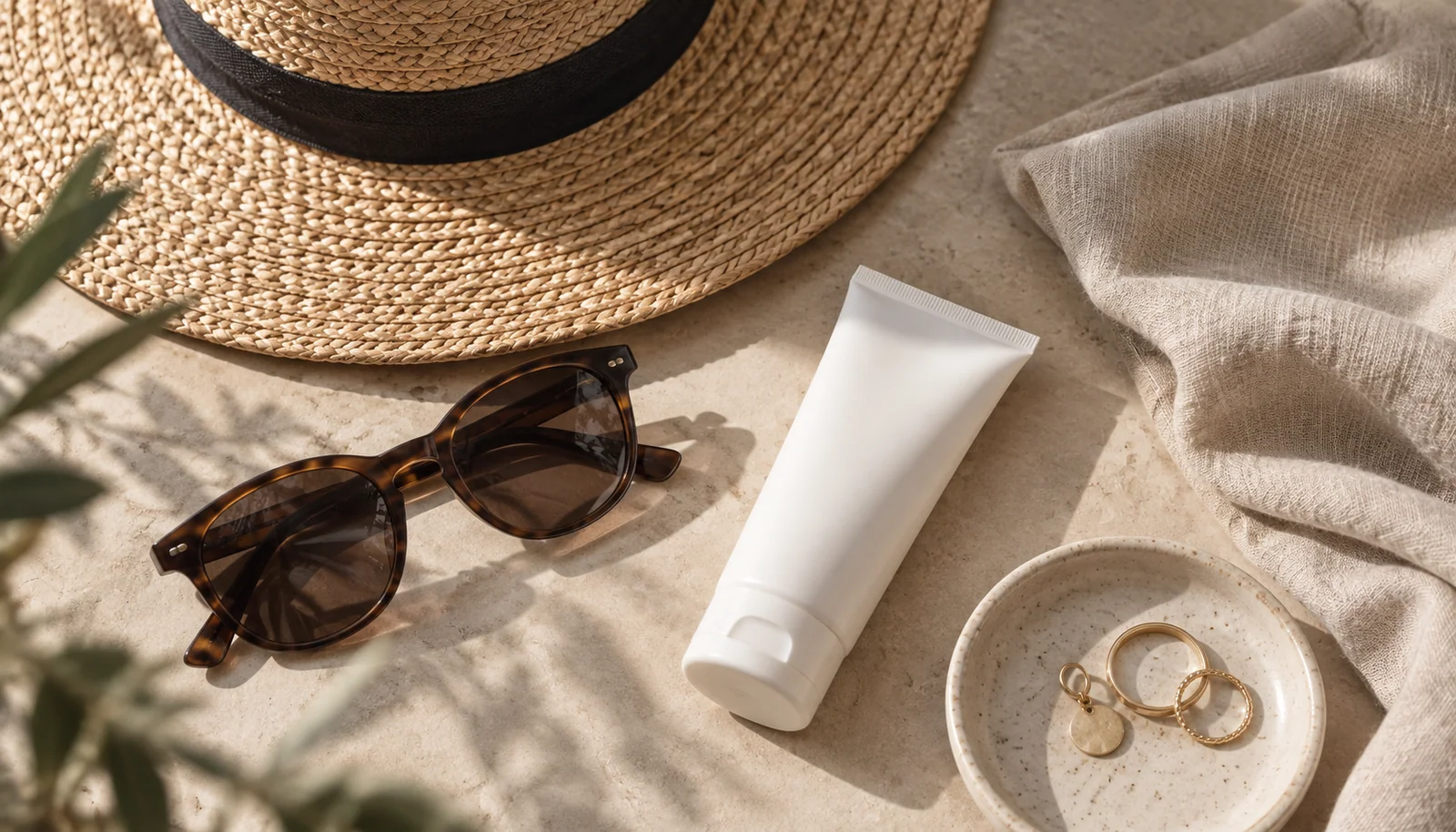 Sun hat and everyday skincare on a linen surface